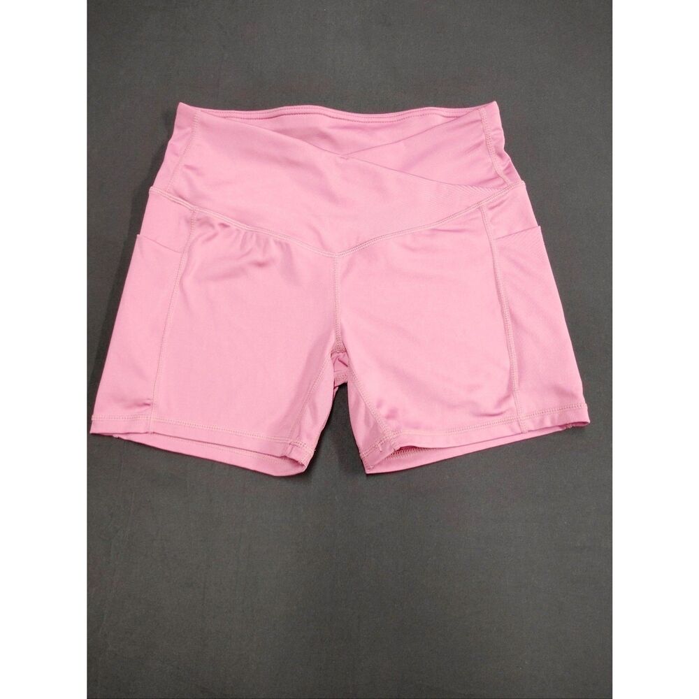Women’s High-Waist Crossover Pink Athletic Shorts with pockets